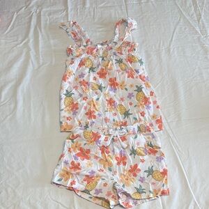 Girls' Pineapple & Floral Shorts Set - White with Orange & Yellow